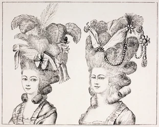 Chicas francesas del siglo XVIII con peinados y sombreros extravagantes, 1875