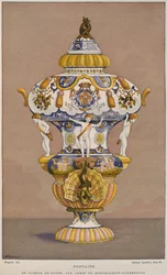 Fuente de loza del siglo XVIII con el escudo de armas de Montmorency Luxembourg, fabricada en Rouen, ilustración del Dictionnaire de l
