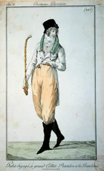 Moda del siglo XVIII: traje parisino con gran cuello, pantalones con botas. París, Museo del Traje