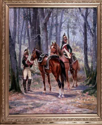 2 jinetes del 8º Dragones, enviados como exploradores, pintura 65 x 58 cm, óleo sobre lienzo de De Villeneuve, pintor militar finales del siglo XIX