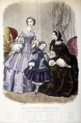 2 mujeres y una niña: Moda - en “Magasin des damoiselles”. ca. 1850