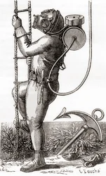 Un buzo de aguas profundas del siglo XIX con traje de buceo recubierto de goma con casco y regulador de tanque, de 