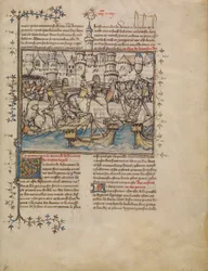 Una batalla de la guerra de Troya, c.1390-1400 (temple, lavados y pan de oro sobre pergamino)