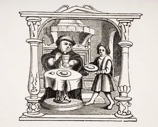 Un burgués comiendo su comida, después de una ilustración en un manuscrito del siglo XVI, de Le Moyen Age et La Renaissance de Paul Lacroix (1806-84) publicado en 1847
