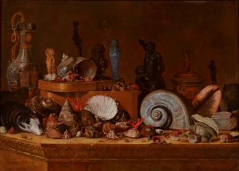 Gabinete de curiosidades: Conchas con coral y una caja de madera, así como antigüedades que incluyen un ushabti egipcio sobre un zócalo de piedra, c.1730-70 (óleo sobre lienzo)