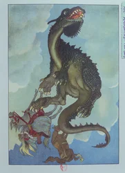 Un dragón cayendo del cielo, ilustración del cuento húngaro "La historia del hada Pervenche", c.1910 (litografía en color).
