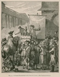 Un charlatán francés en la Place du Louvre; después de Duplessis-Bertaux