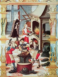 Una forja francesa del siglo XVI, copia de una miniatura de "Chants royaux sur la Conception couronnee du Puy de Rouen" (litografía en color)