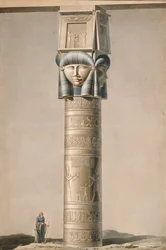 Pilar con cabeza de Hathor en Dendarah, ilustración de Descriptions of Egypt por Edmonde Francois Jomard, publicado entre 1809-22