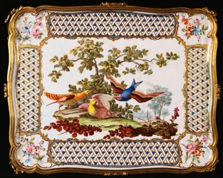 Una bandeja de Sèvres Luis XV decorada con tres pájaros exóticos en un paisaje, formando la parte superior de una mesa de café, 1761