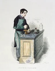 Un Estudiante de Farmacia preparando medicina, ilustración de Les Francais peints par eux-memes, Editions L. Curmer, 1841