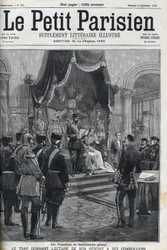 Una propuesta de desarme general (hecha a las potencias europeas) - El zar Nicolás II (1868-1918) leyendo su rescripto a sus asesores. Le Petit Parisien