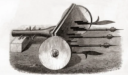 Un Ribauldequin, máquina infernal o cañón de órgano, armado con pequeños cañones y picas, de Les Merveilles de la Science, publicado c.1870