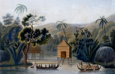 Una casa espiritual sobre pilotes en el puerto de Offak, isla de Waigou, del Viaje alrededor del mundo en la corbeta Coquille por el teniente Louis Isodore Duperrey, 1826