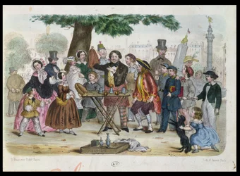 Un mago callejero cerca de la Place de la Bastille, París, grabado por H. Jannin, c.1840-50