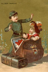 Una sorpresa en el equipaje, de una serie de ilustraciones de niños, producidas como tarjetas promocionales para los Grandes Almacenes Bon Marché en París, c.1890