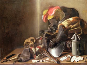 Bodegón de Vanitas con calavera, naipes y armadura, c.1650 (óleo sobre lienzo)