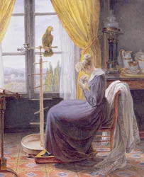 Una mujer alimentando a un loro en un interior, c.1820