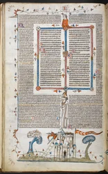 Una escena de bas-de-page de un hombre que intenta invadir un castillo, siendo asesinado por uno de los defensores, de Smithfield Decretals, Royal 10 E. IV, f.18v