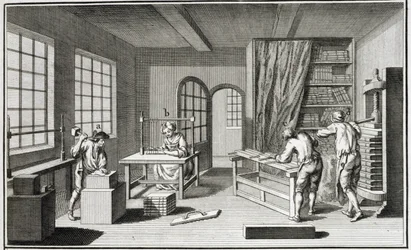 Taller de un encuadernador, de la Encyclopedie des Sciences et Metiers de Denis Diderot (1713-84) publicada c.1770