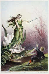 Un niño delante de una mujer montada en un tanque conducido por 2 cocodrilos - en "Viaje al fondo del mar" de H. de la Blanchère. París, ed. Jouvet et Cie, sd. 1880. (doble 02945)