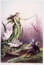 Un niño delante de una mujer montada en un tanque conducido por 2 cocodrilos - en "Viaje al fondo del mar" de H. de la Blanchère. París, ed. Jouvet et Cie, sd. 1880.
