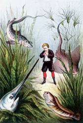 Un niño rodeado de peces gigantes - en "Viaje al fondo del mar" de H. de la Blanchère. París, ed. Jouvet et Cie, sd. 1880. (doble 02941)