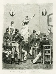 Un café cantante en Bourg Leopold. Grabado por A.Hubert para ilustrar la historia La Belgique, por Camille Lemonnier, en le tour du monde 1886, dirigido por Edouard Charton (1807-1890), Hachette, París