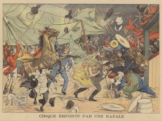 Una carpa de circo arrastrada por una ráfaga de viento (litografía en color)