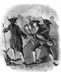 Una confrontación entre “Gluckistas” y “Piccinistas” ilustrando la rivalidad entre los compositores Christoph Willibald Gluck y Niccolò Vito Piccinni. Grabado de 1856.