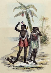 Una pareja y un bebé en una playa; ilustración de las islas Marquesas en «Las doce naciones» de M. E. Fouinet