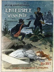 Un arma criminal con una pistola amenaza a un agente de la ley que lo atrapó mientras intentaba enterrar el cuerpo de una mujer. Ilustración para "Entierro en vida" de Jules Lermina (1839-1913). Uno de los periódicos "Vida de Aventuras". Grabado en "Journa