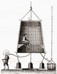 Una campana de buceo construida por Halley en 1691, de «Les Merveilles de la Science», publicada hacia 1870