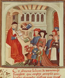 Una familia frente a un financiero, miniatura de Ética, Política, la Economía de Aristóteles, Francia