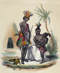 Una familia de indios canadienses ante sus tipis; ilustración de Canadá en «Las doce naciones» de M. E. Fouinet