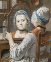 Una niña con un gorro, mirándose en un espejo con una chocolatera y una taza en la mesa, c.1750