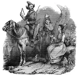 Un grupo de cosacos kirguises en traje tradicional. En “La tienda pintoresca” 1835