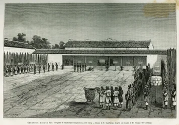 Una audiencia en la corte de Hue (Vietnam), recepción de la embajada francesa, 14 de abril