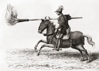 Un caballero medieval portando una lanza de fuego, o lanza de fuego, una de las primeras armas de pólvora en el mundo, de Les Merveilles de la Science, publicado c.1870 (grabado)