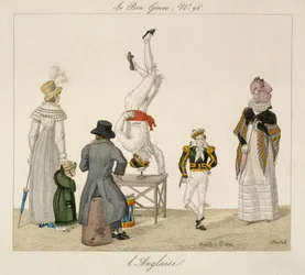 Un artista de pie sobre su cabeza equilibrándose en un vaso, lámina 96 de Le Bon Genre, c.1810