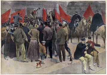 Reunión pública de los grevists delante del ayuntamiento de Montceau les mines (Saona y Loira), donde cerca de 10.000 grevists han dejado de trabajar desde hace más de un mes. Grabado en "Le pelerin" 8/09/1901. Colección Selva.