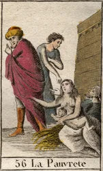 Representación de la Pobreza, descalza y vestida con harapos, sentada sobre paja. De “Mitología de la Juventud” por Pierre Blanchard 1803.