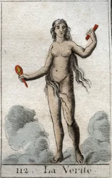 Representación de la Verdad, como una joven desnuda con un rostro sincero, sostiene un espejo. De “Mitología de la juventud” por Pierre Blanchard 1803