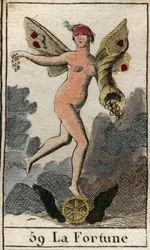 Representación de la diosa de la suerte Fortuna, decide el bien y el mal de los seres humanos, sostiene un cuerno de la abundancia y se para sobre una rueda. De 
