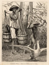 Un residente de Hatien (Vietnam) llevando cubos y una cesta y un niño cazando un ganso con un palo, grabado según un dibujo de Robin ilustrando el viaje a Cochinchina, por el Doctor Morice, en 1872, publicado en 