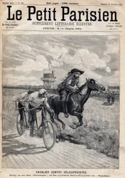 Un jinete compitió contra velocipedistas: William Frederic Cody (1846-1917), conocido como Buffalo Bill, conocido como Rey de los Vaqueros y los ciclistas Gaby y Fournier en tándem. Uno del periódico "Le Petit Parisien" el 26/11/1893 (grabado)