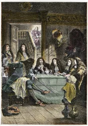 Un salón (Cabaret) reuniendo a los escritores franceses Jean de La Fontaine (1621-1695), Nicolas Boileau-Despréaux (1636-1711), el dramaturgo Jean Baptiste Poquelin, llamado Molière (1622-1673), y el poeta Jean Racine (1639-1699)
