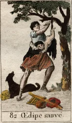Un pastor salva a Edipo cuando era niño, abandonado por sus padres debido a la presión del oráculo de la Pitia. De “Mitología de la Juventud” por Pierre Blanchard 1803.