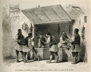 Una zapatería y su clientela, en Livadie, dibujo de D. Maillard, para ilustrar la historia de Henri Belle: Voyage en Grèce
