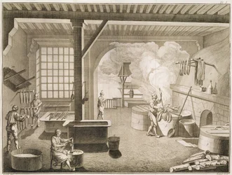 Taller de un tintorero de seda, de la Encyclopedie des Sciences et Metiers de Denis Diderot (1713-84) publicada c.1770
